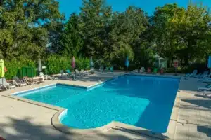 Piscine ensoleillée du Domaine du Castex, avec des transats et des parasols dans un environnement verdoyant et relaxant